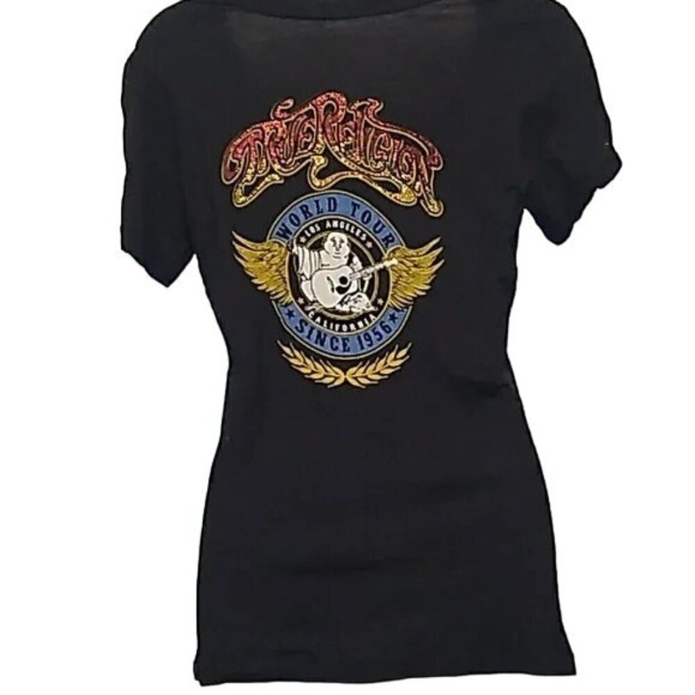 True Religion Black Rhinestone Y2K V-Neck T-shirt - Picture 3 of 6
